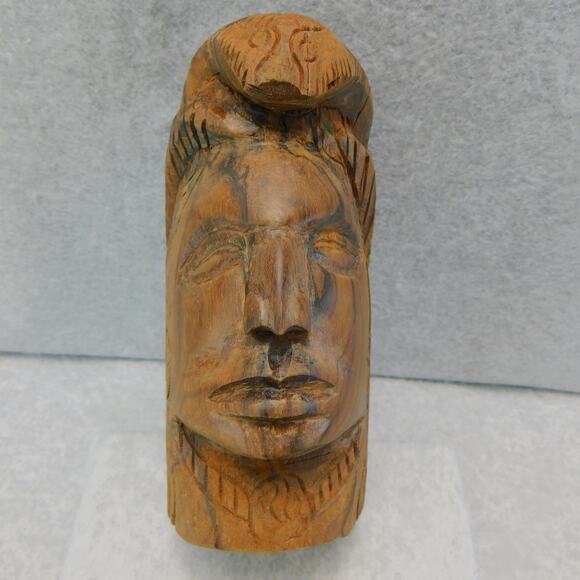 Vintage Carved Solid Wood Indian Native American Head Sculpture - Picture 5 of 8